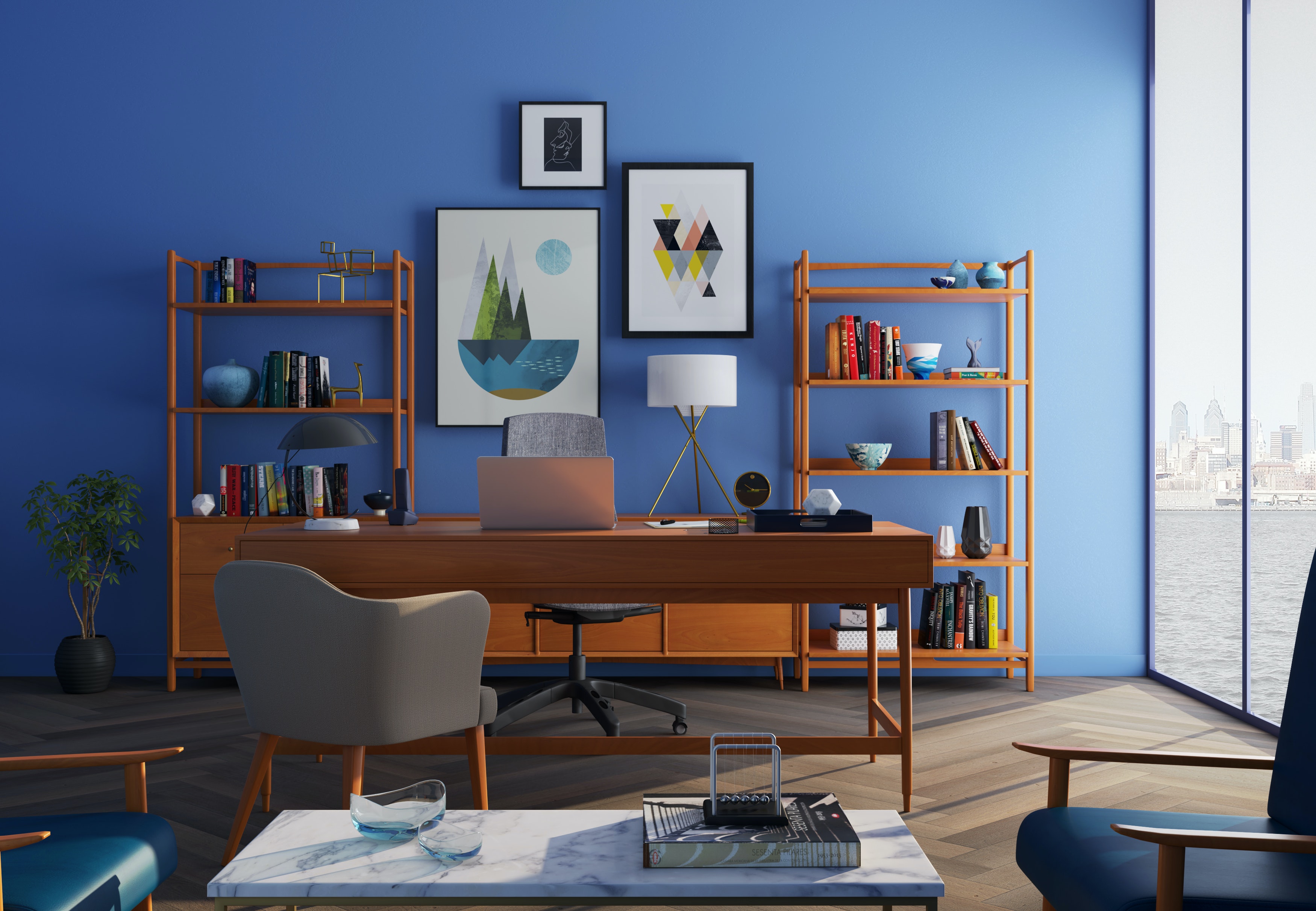 home office decor with blue walls