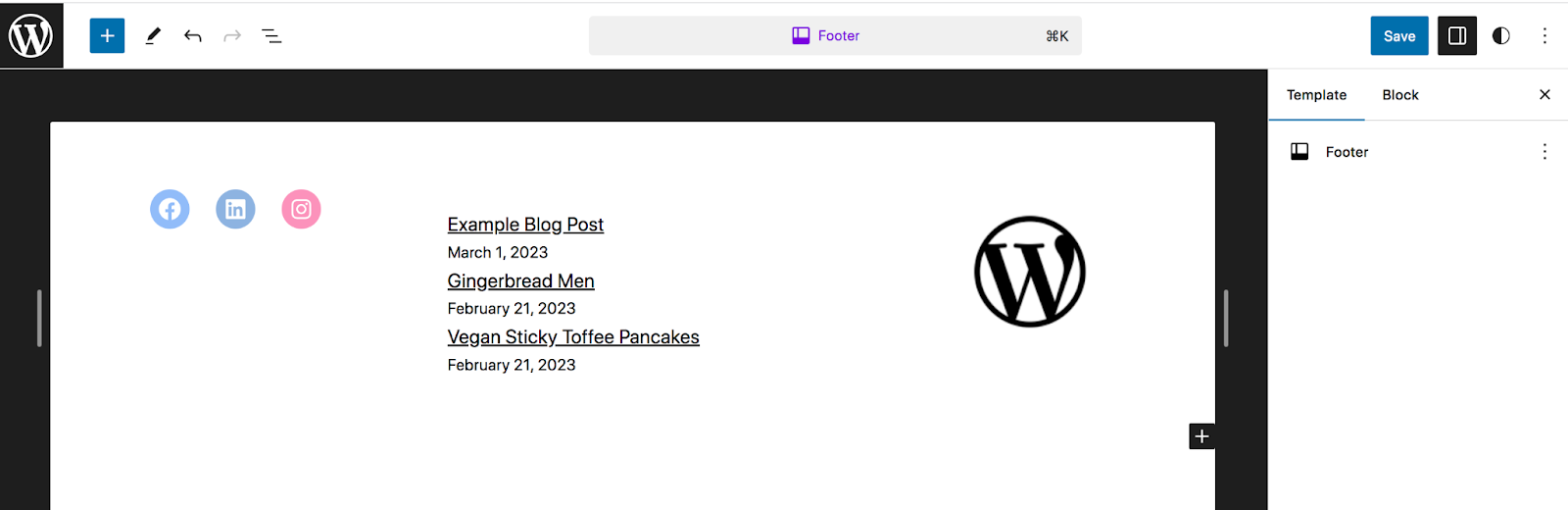 In the first column, we'll add a Social Icons block. In the second, we'll add a Recent Posts block. Then, in the third, we'll include our logo.