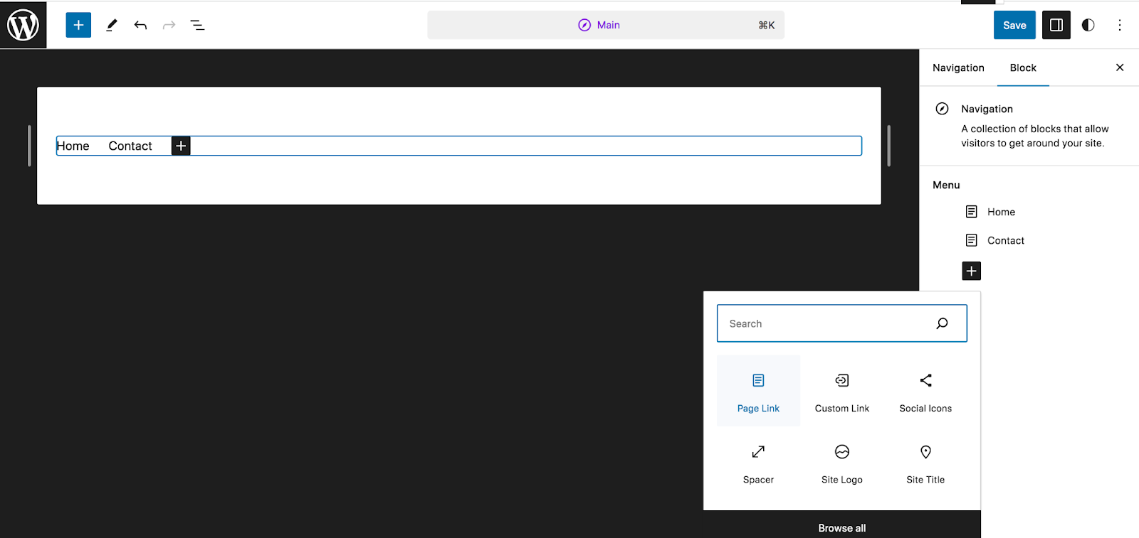 To simply add a link to a page on your site, click Page Link. 