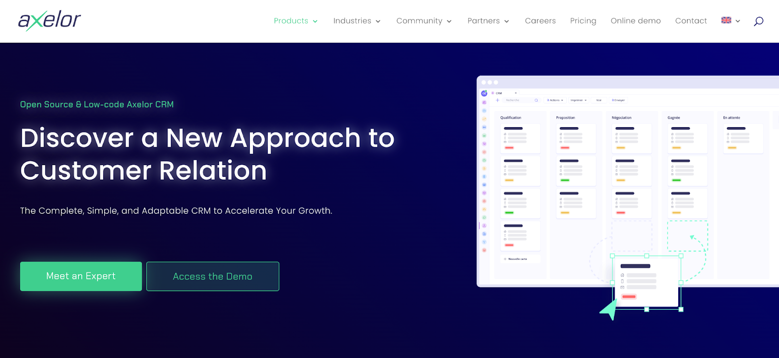 Página de inicio de Axelor CRM con el texto «Descubre un nuevo enfoque de las relaciones con los clientes»