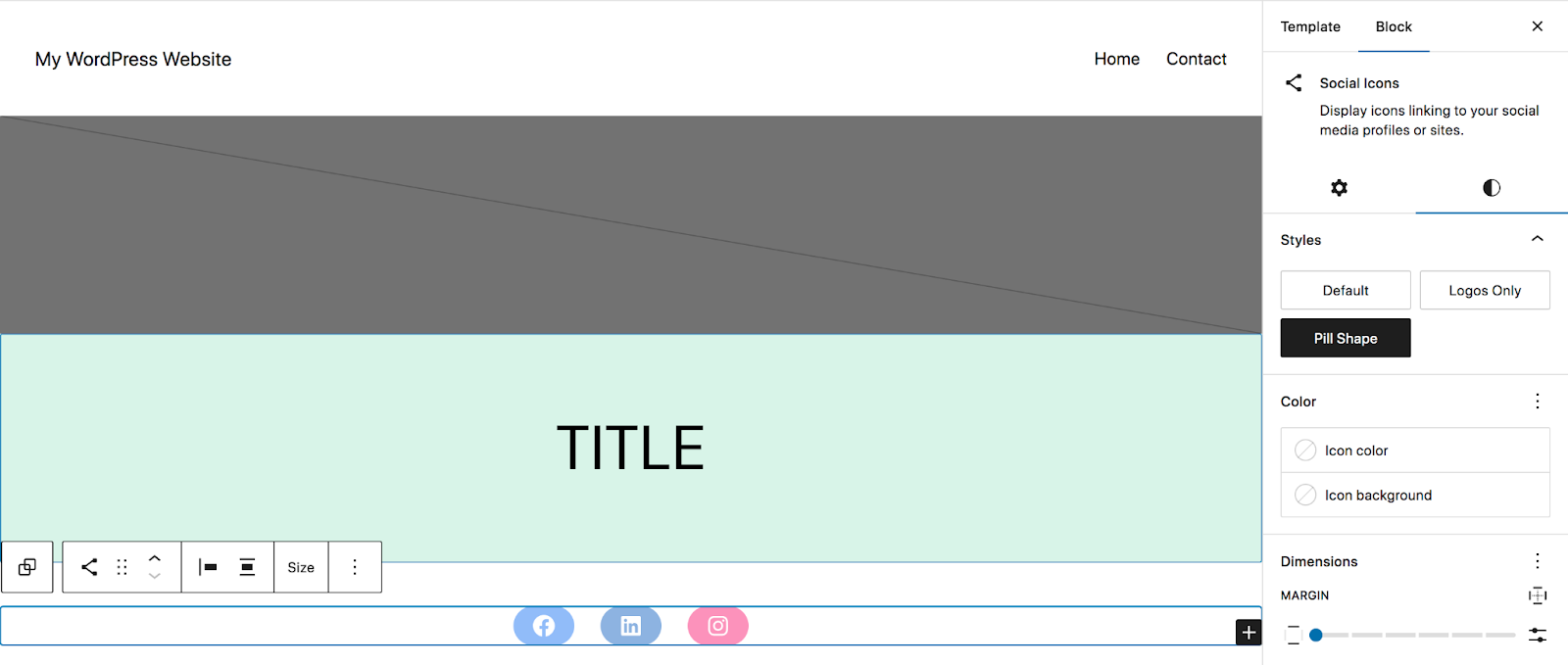 You can use the toolbar that appears above the Social Icons block to change the alignment, move icons around, and more. 