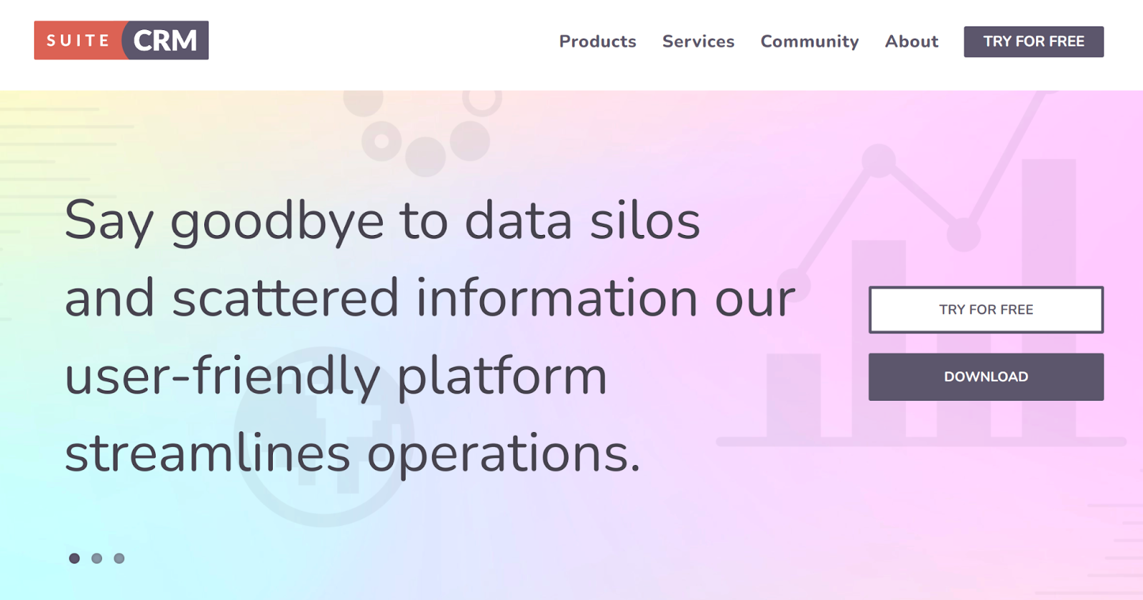 Página de inicio de SuiteCRM con la frase «di adiós a los silos de datos...».