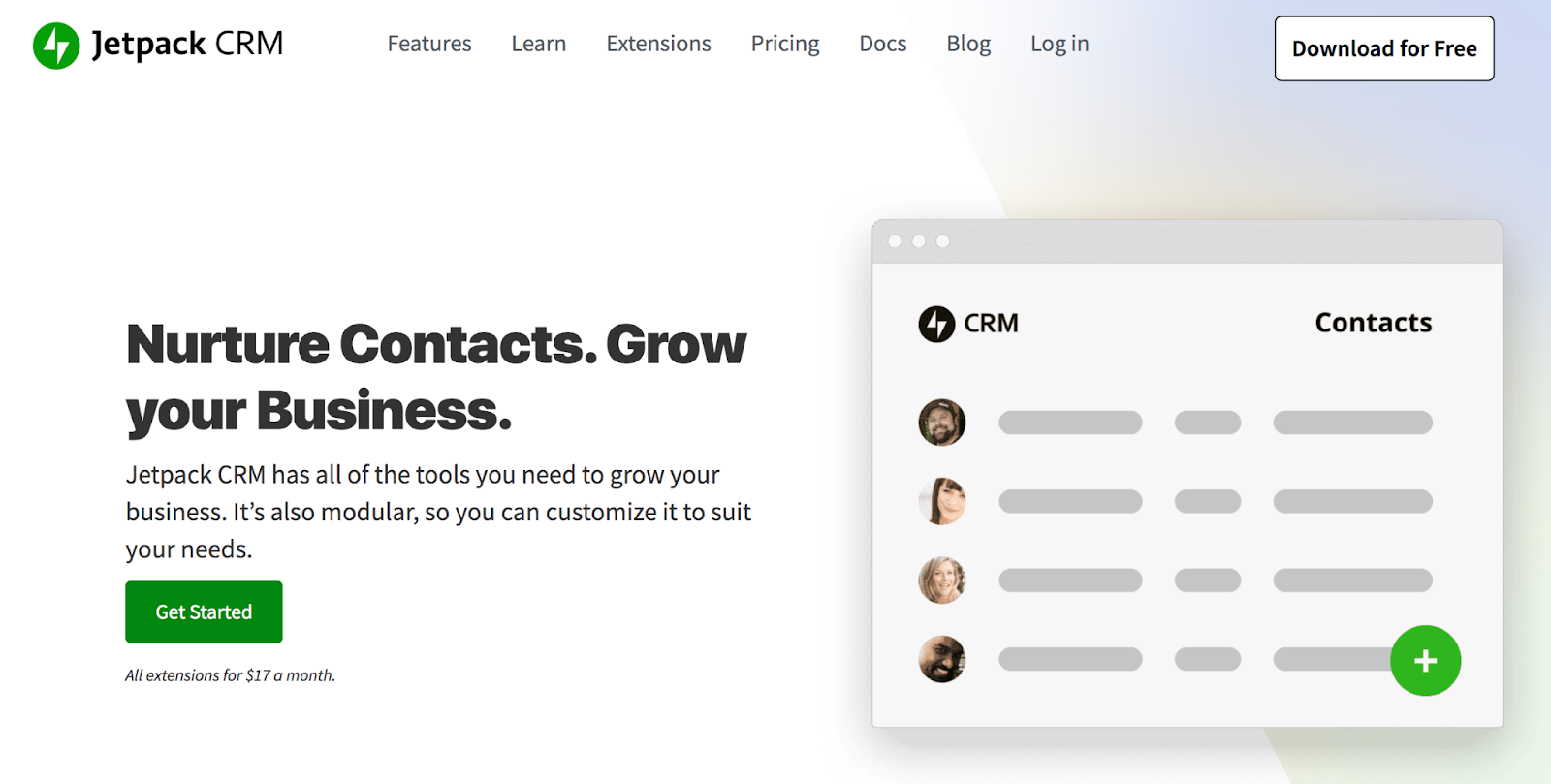 Página de inicio de Jetpack CRM con el eslogan «Cuida tus contactos. Haz crecer tu negocio».