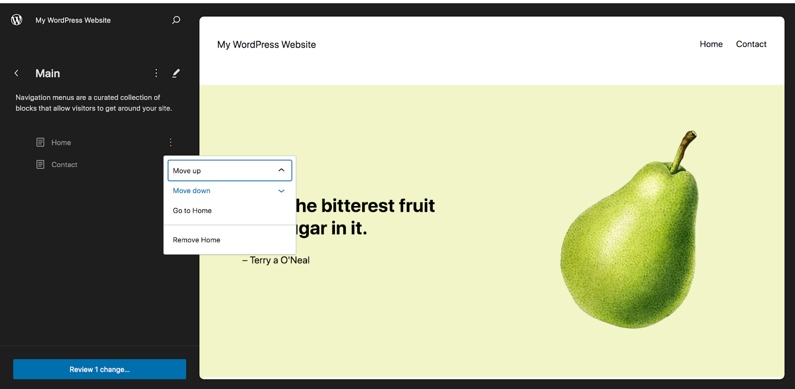 In the Navigation panel, you'll notice a list of the pages in your main menu. You can move it up or down, visit the page, or remove the page from the menu entirely.