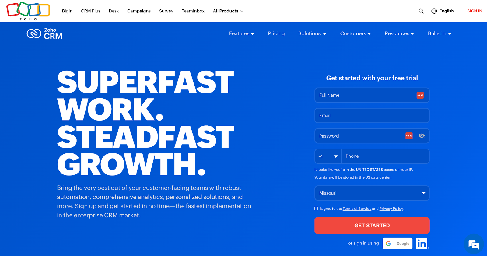 Zoho CRM homepage