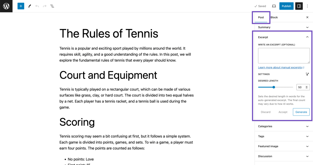 Post page opened in the block editor with the post sidebar with the sidebar icon activated, Post tab active, and Excerpt section expanded.