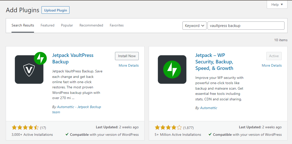 Install and activate VaultPress Backup from the WordPress plugin repository.