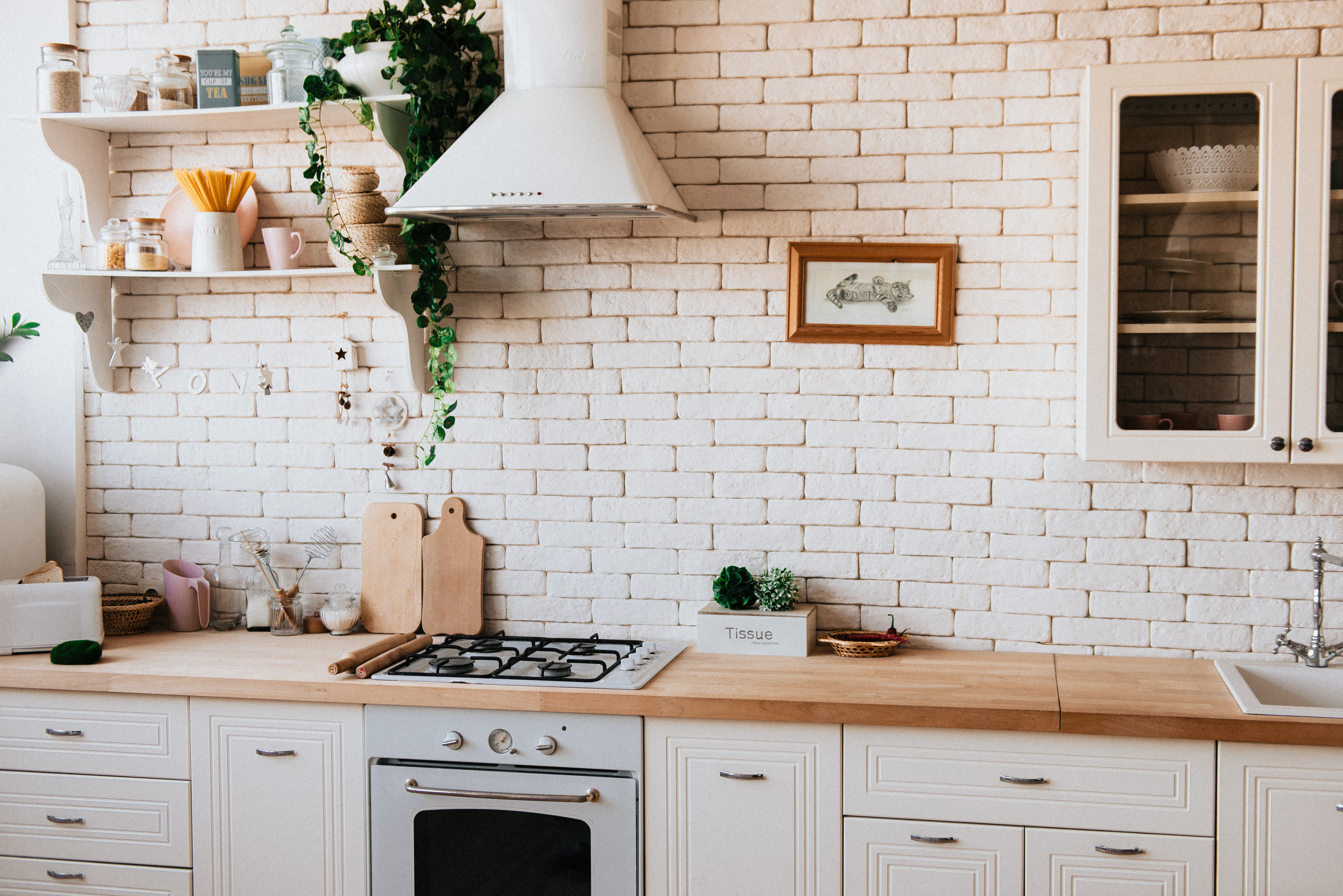 farmhouse kitchen with white brick