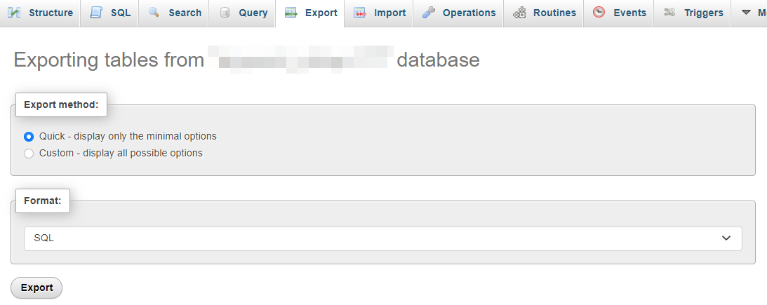 Now that you know which database and tables you want to download, you can navigate to the Export tab.