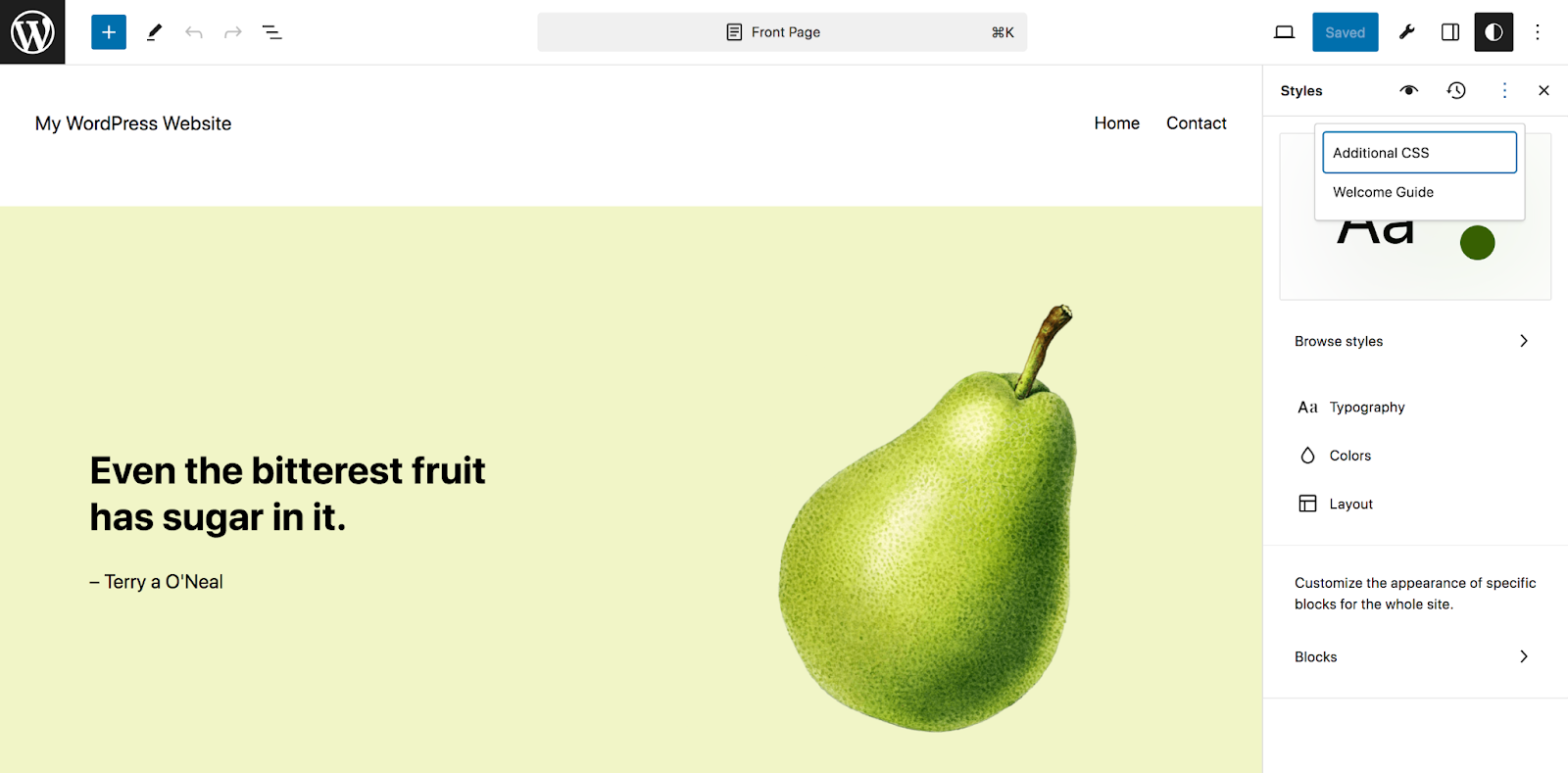 Click the “Edit Styles” icon shaped like a pencil. This will open the Styles panel. Once there, click the vertical ellipses at the top right, followed by Additional CSS.