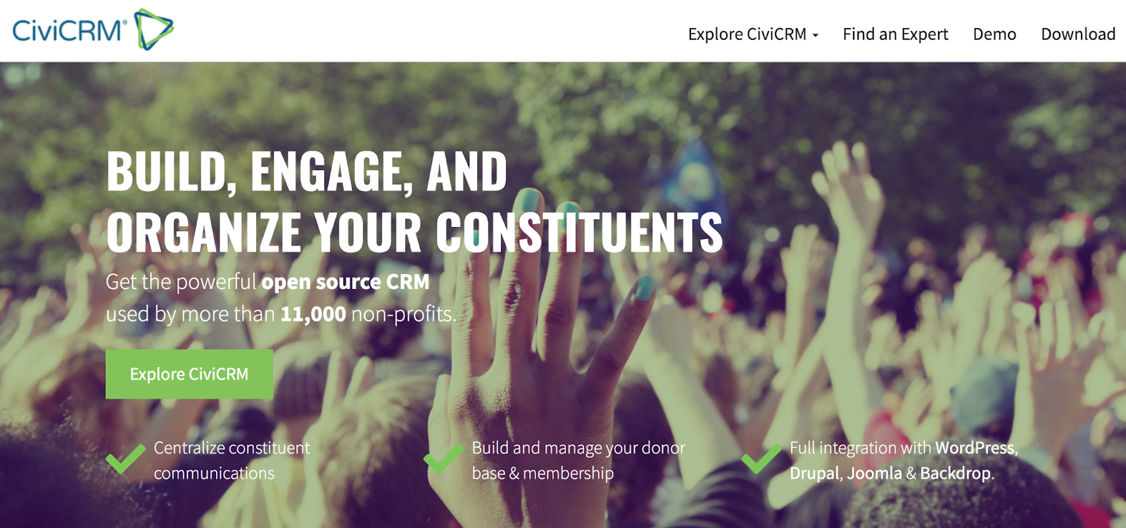 CiciCRM homepage with the text, "Build, engage, and organize your constituents"