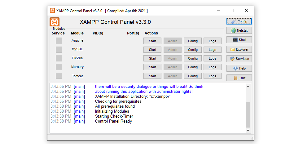 XAMPP control panel 