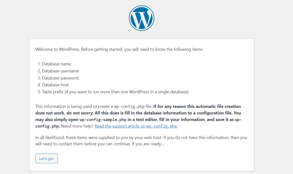 welcome to WordPress screen