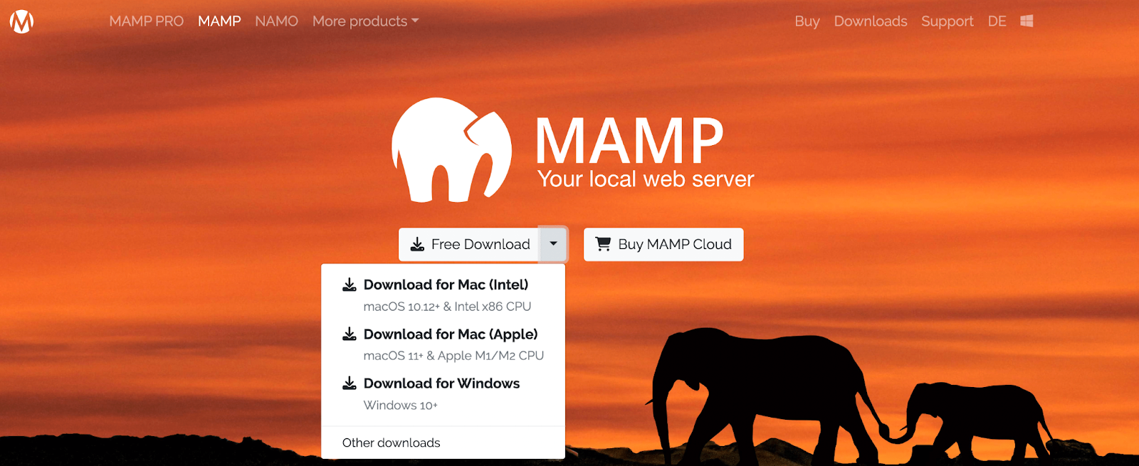MAMP homepage with download options