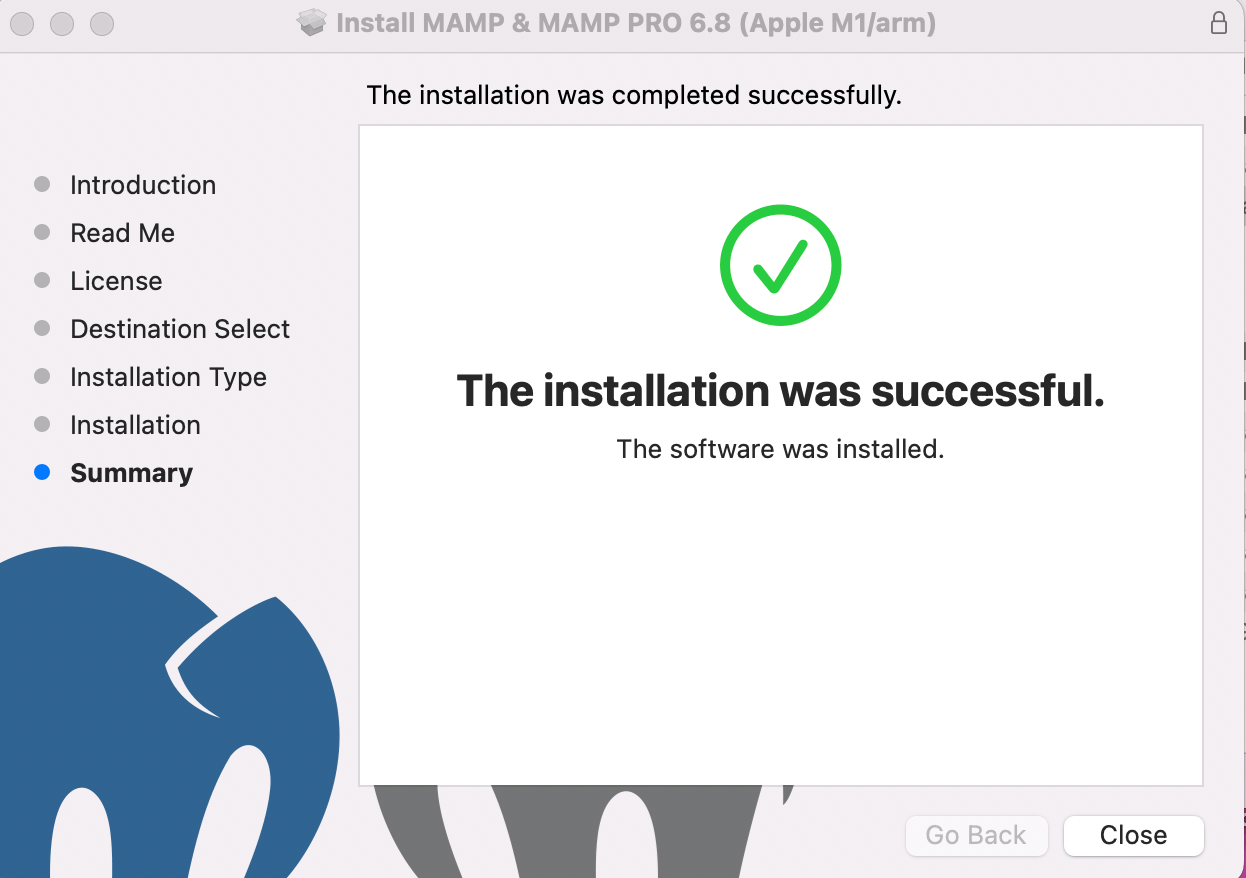 Summary tab with a message that installation was successful