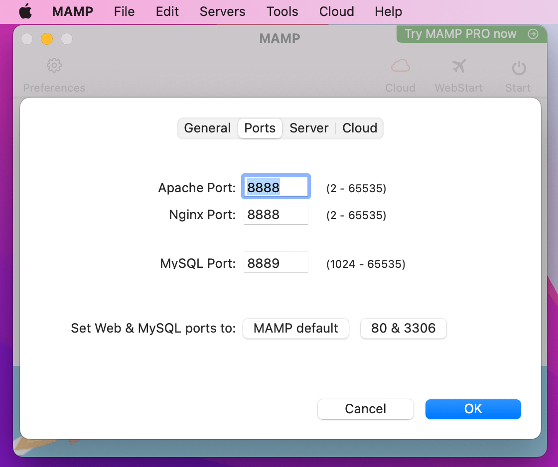selecting ports and entering 8888