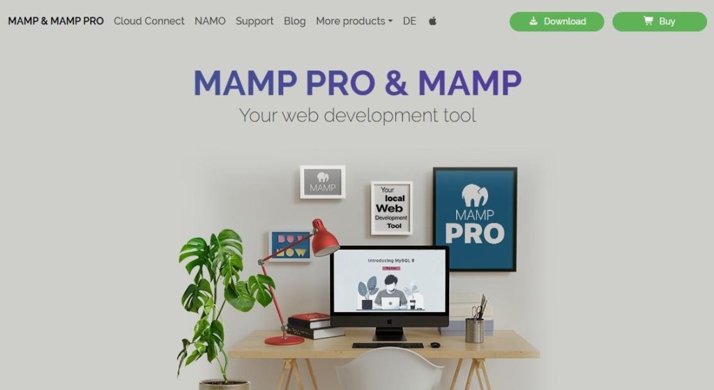 MAMP website with a desk mockup