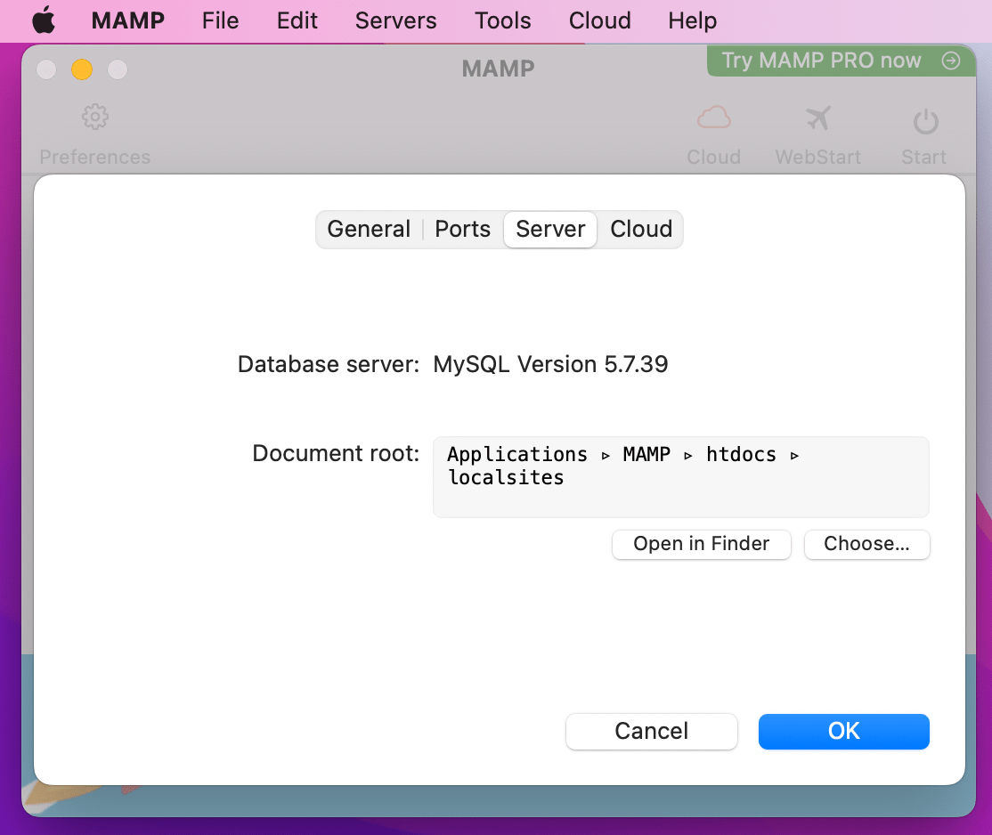setting the document root in MAMP