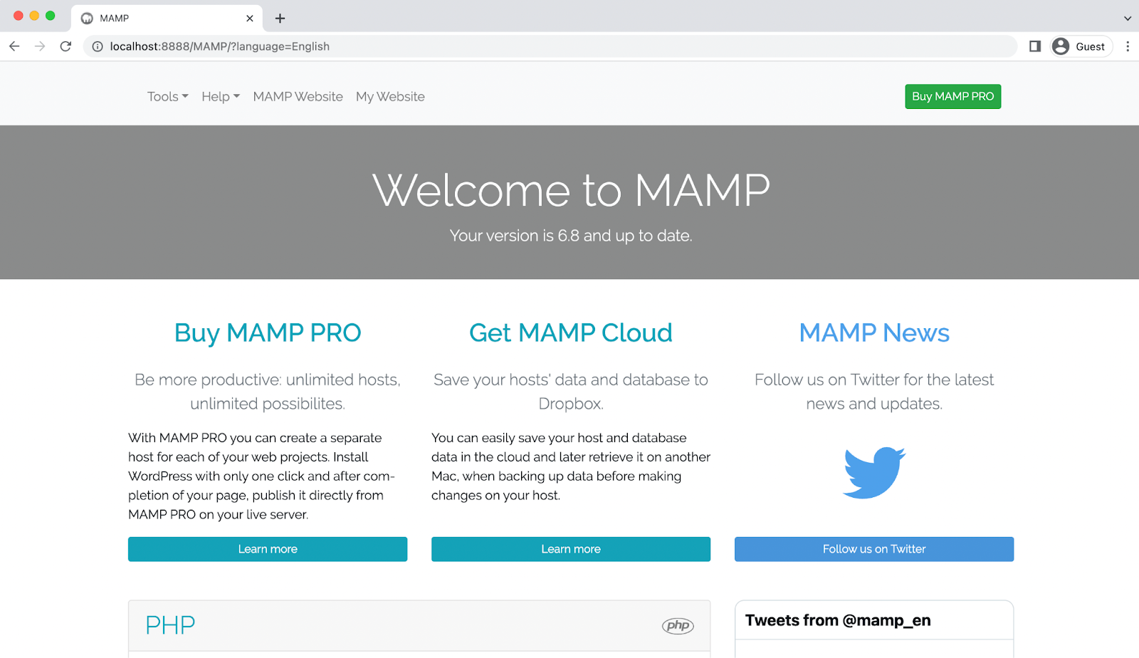 MAMP welcome screen