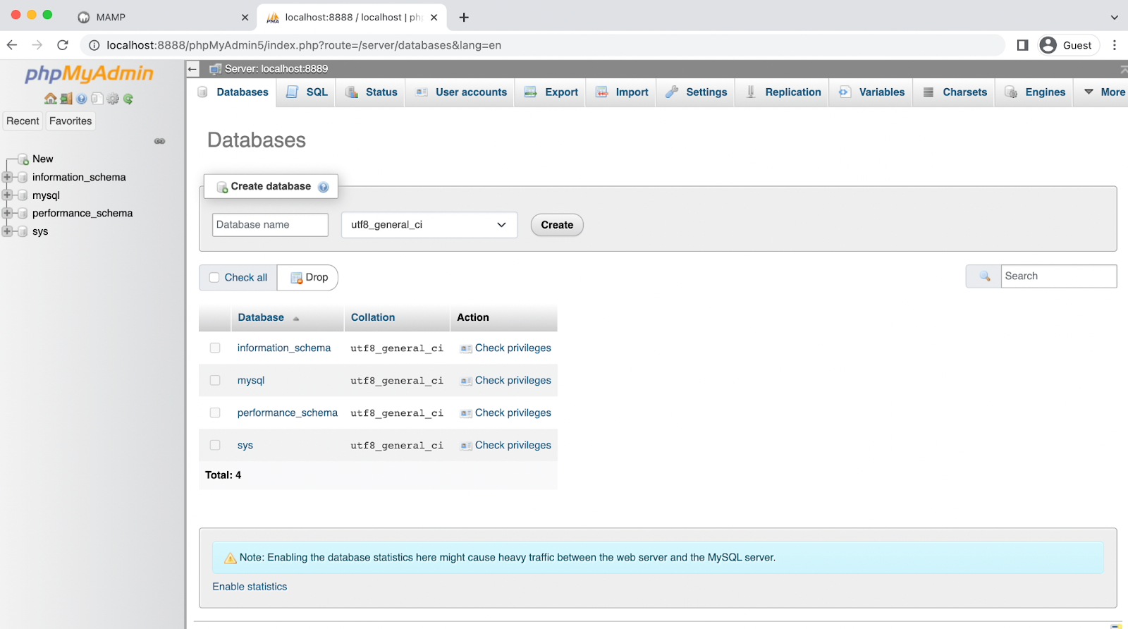 creating a new database in phpMyAdmin