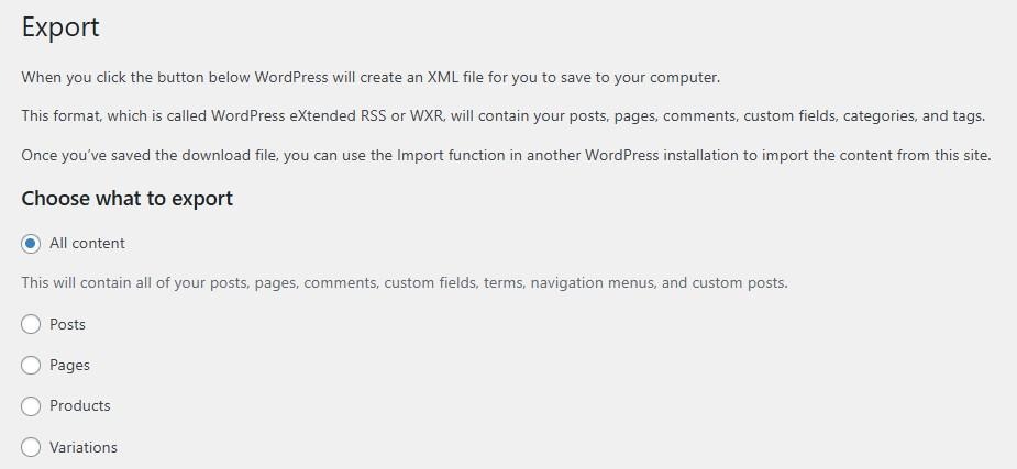 exporting content from WordPress