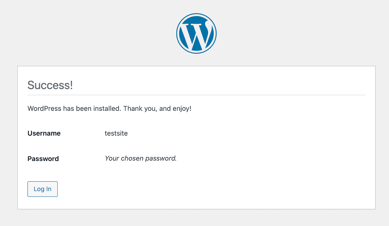 WordPress installation success message