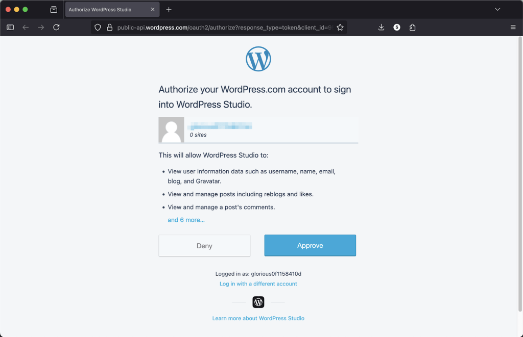 authorizing WordPress Studio with WordPress.com