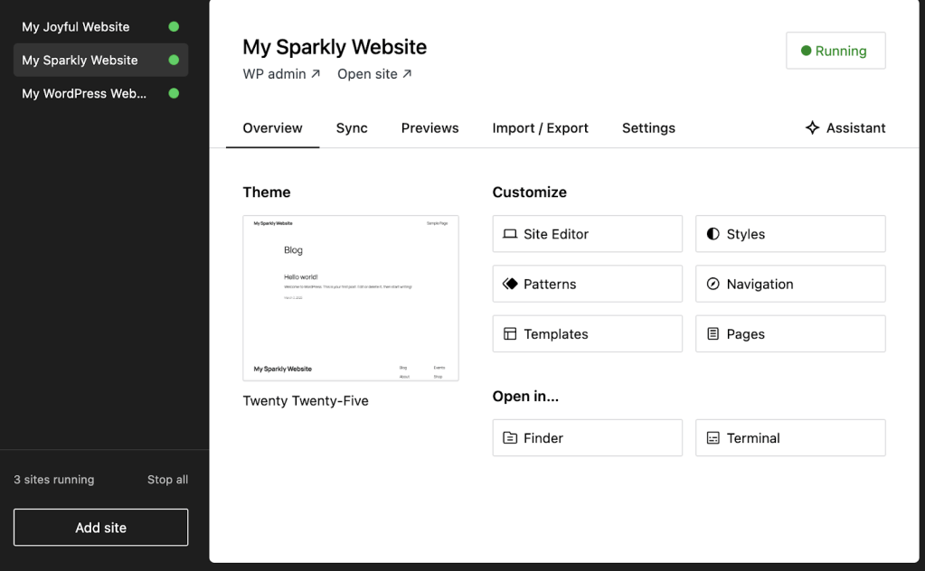 features and options in WordPress Studio