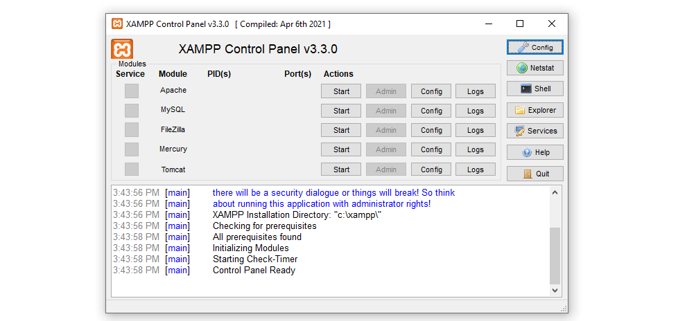 XAMPP control panel V3.3.0