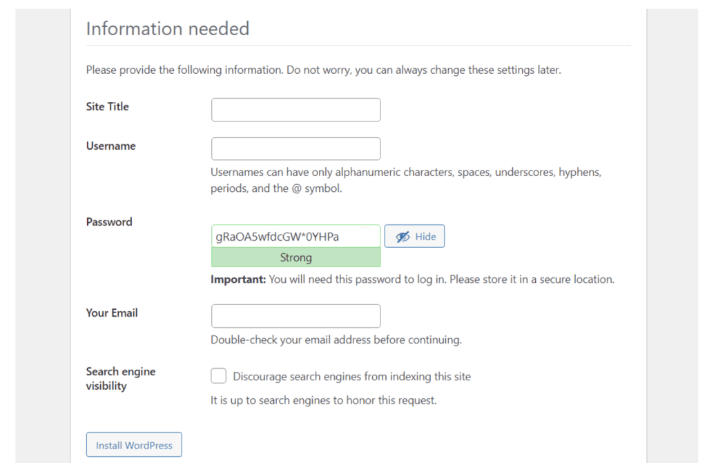 selecting Install WordPress