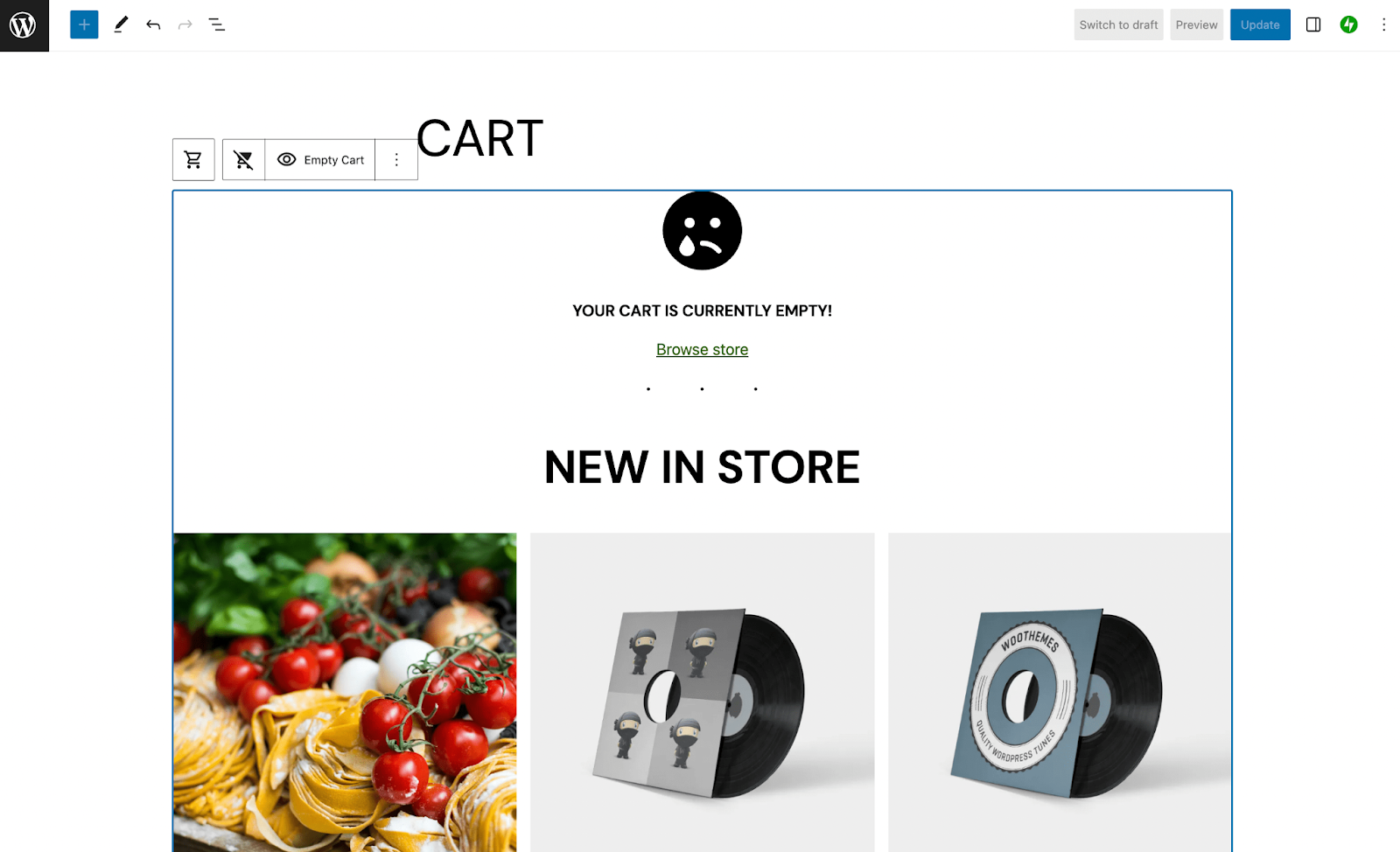You can click on the eye button labeled Filled Cart to switch the view to an Empty Cart page.