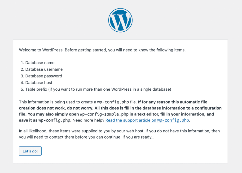 getting started page for WordPress