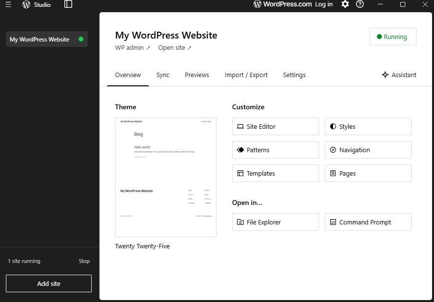 admin dashboard in WordPress Studio