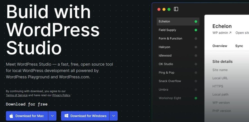 WordPress Studio with buttons to download the software