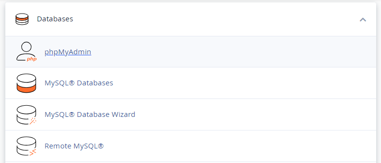 From the cPanel, navigate to the Databases section and click on phpMyAdmin.