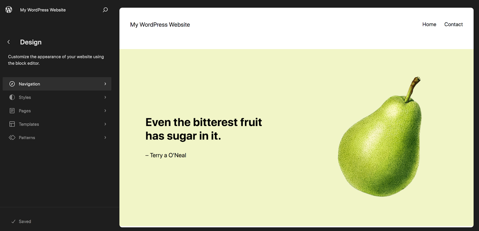 Start by going to Appearance → Editor in your site’s dashboard. Then, select Navigation. 