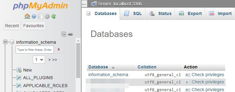 Once you’re inside phpMyAdmin, select the Databases tab. This will show you a list of all databases in your account.