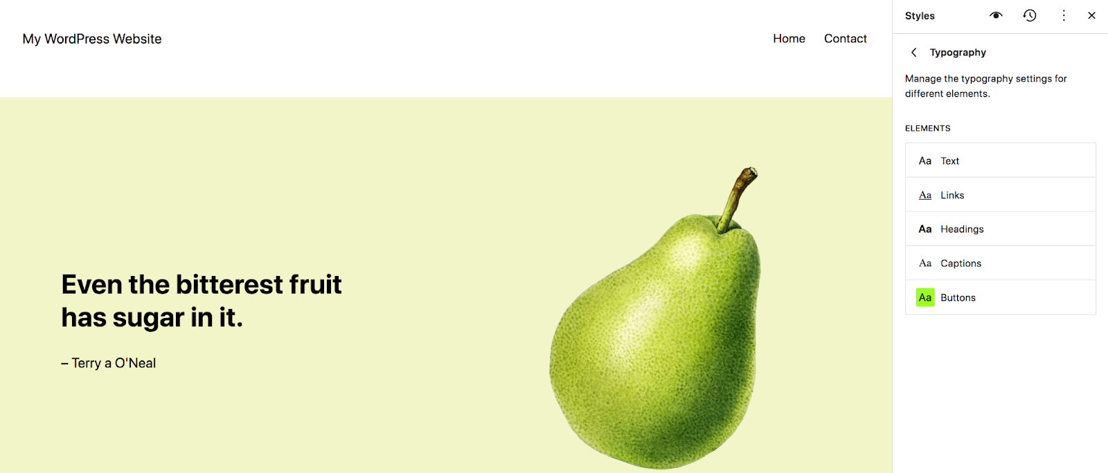 The first option you’ll see is Typography. Clicking this will present you with a list of elements like text, links, and headings. 