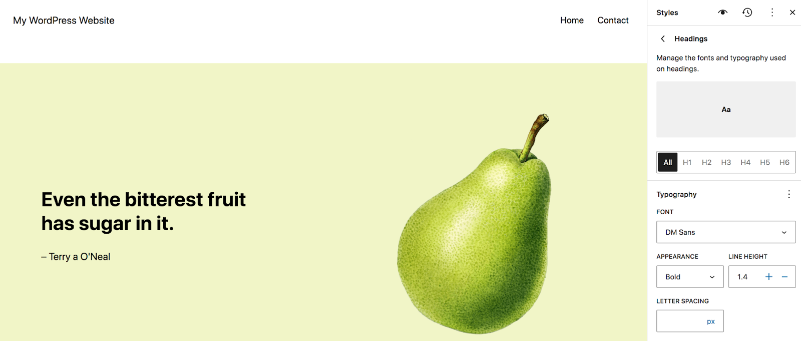 Select Headings to choose the typography for the headings across your site. 