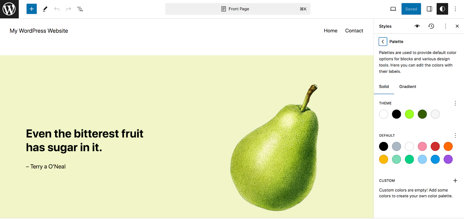 Back in the Styles panel, select Colors and set your Palette, which controls the options you can choose from when creating pages, posts, and templates throughout your site. 
