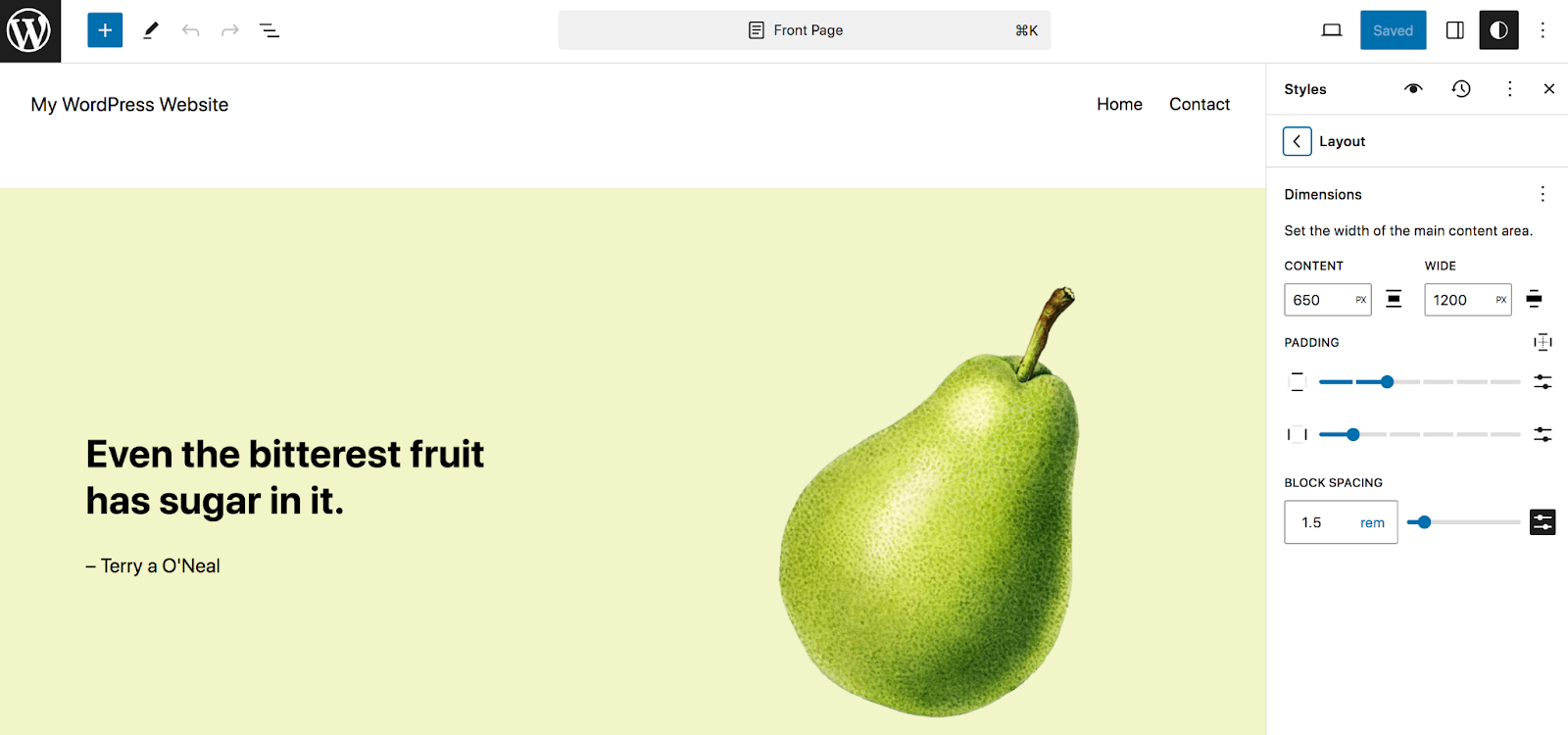 In the Styles panel, choose the Layout option. This lets you set the width of the main content area on your site, along with its padding and block spacing.