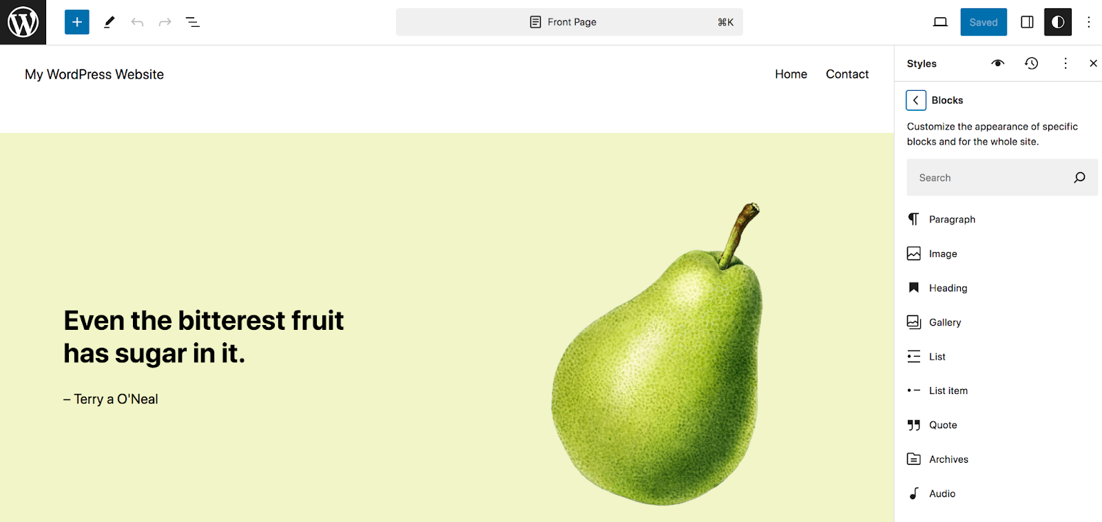 The final element in the Styles panel is Blocks. This section allows you to configure global settings for specific blocks. 