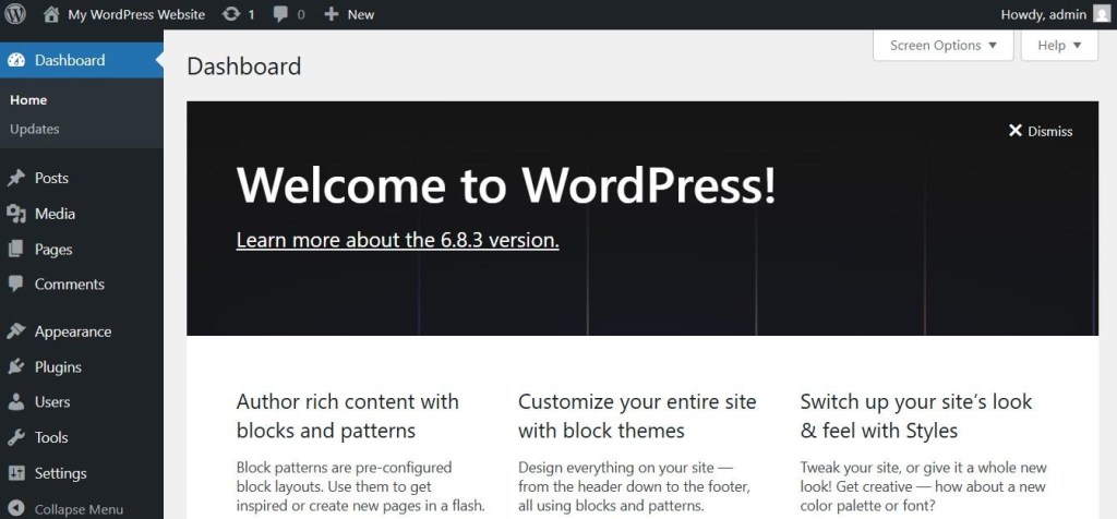 WordPress dashboard snapshot