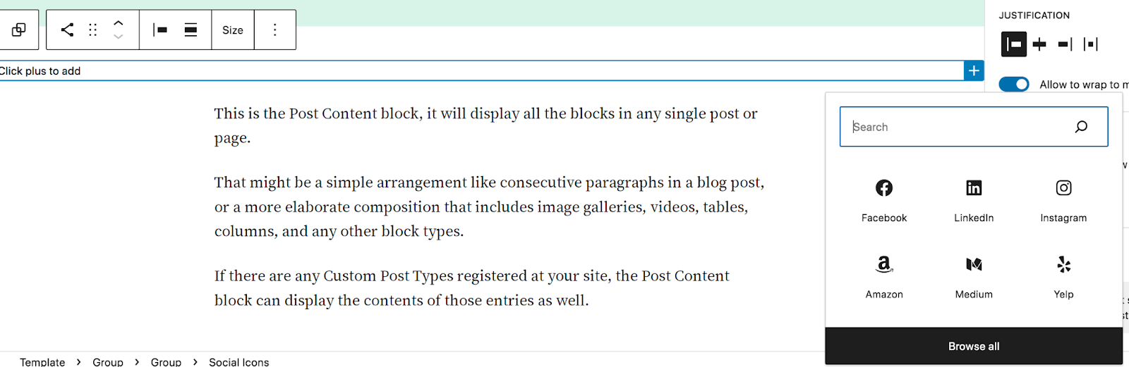 Add some social media icons below the blog post title - find the Social Icons block and drag it directly beneath the Title block.