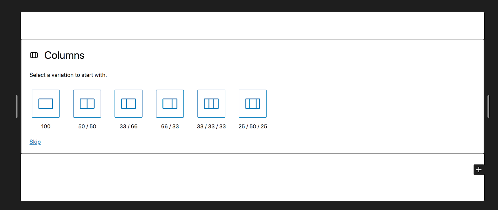 Add a Columns block and select 33 / 33 / 33 in the list of column variations. This will create three equally-sized columns.