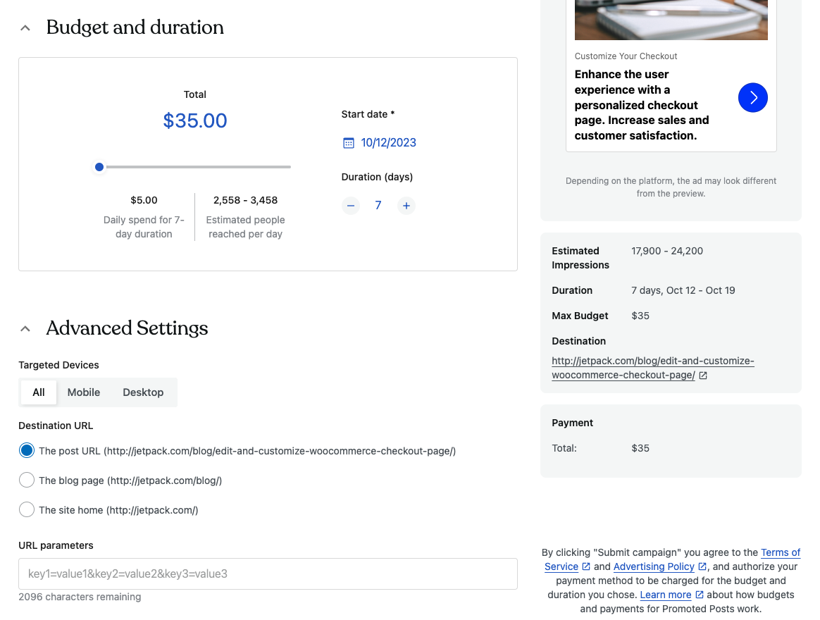 Budget, Duration, and Advanced Settings