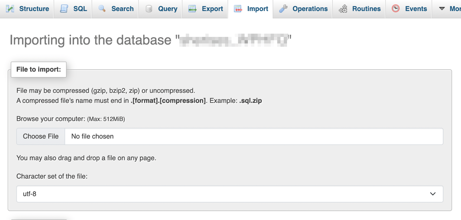 Then, navigate to the Import tab. Click on Choose File and select the database copy you created in the previous section. Make sure your format is set to SQL.