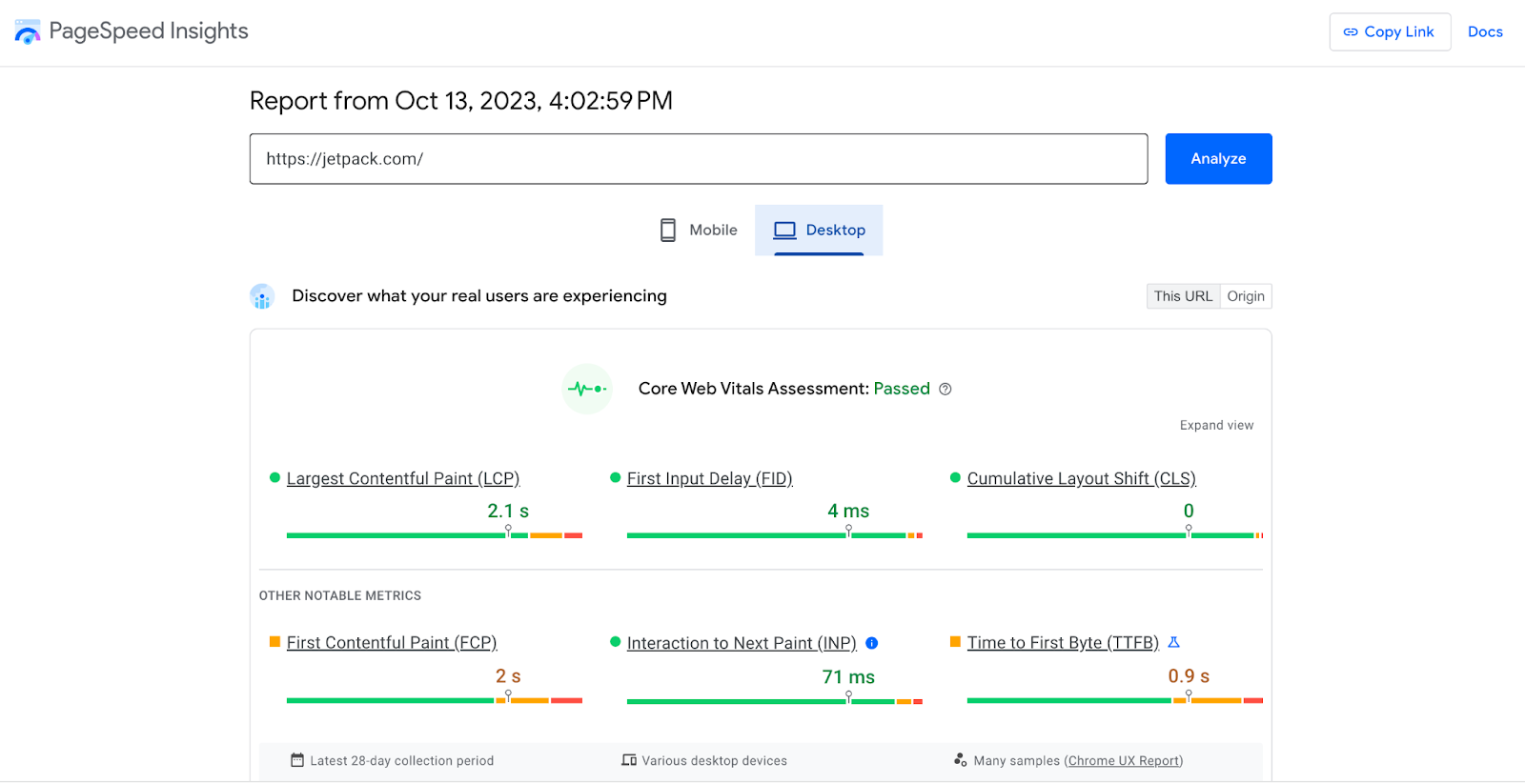 PageSpeed Insights dashboard