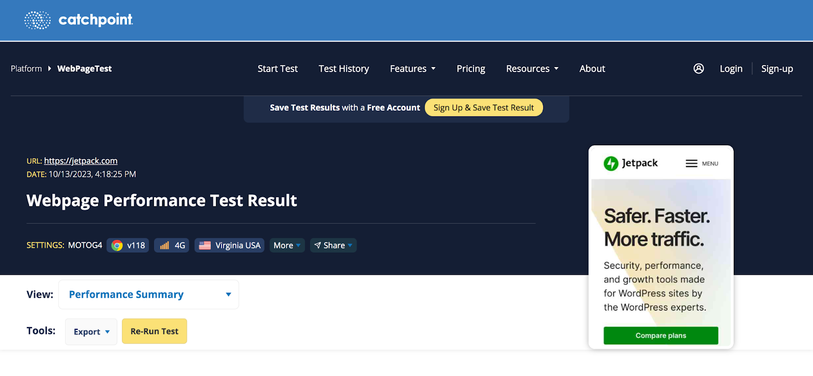 catchpoint test results for Jetpack.com