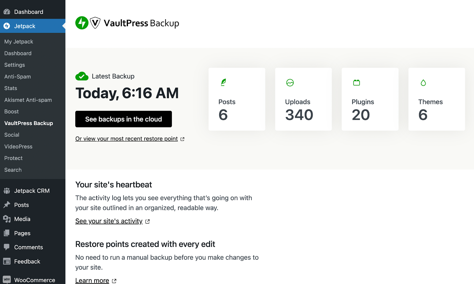 Once that's done, navigate to your WordPress dashboard. Go to Jetpack → VaultPress Backup.